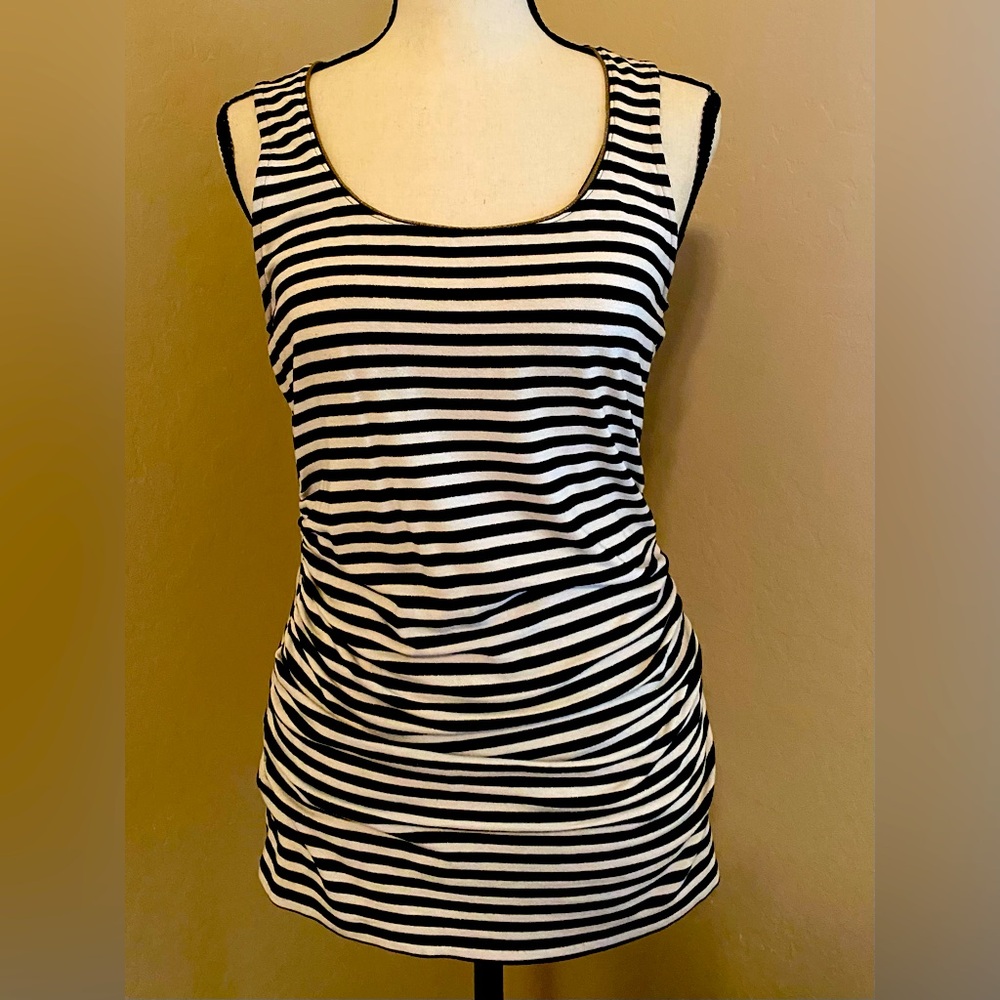 Black and white striped tank top with gold neck, trim, with  rouched sides